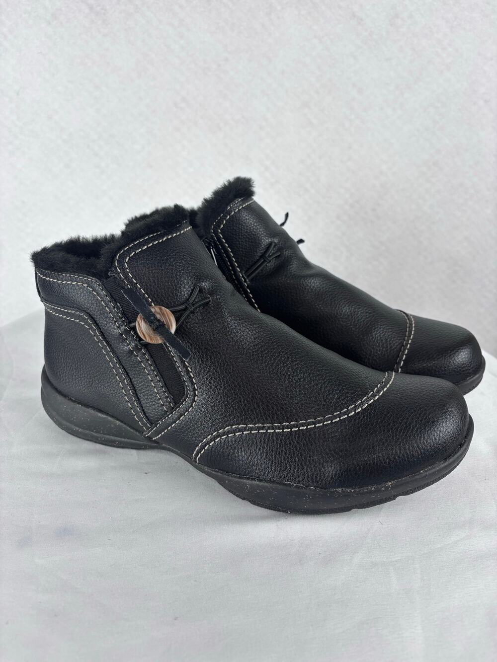 Clarks Collection Roseville Black Leather Faux Fur Ankle Boots Women’s 10 M